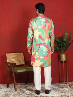 Cotton silk floral printed anchor neck work multicolor kurta set with white silk trouser 3