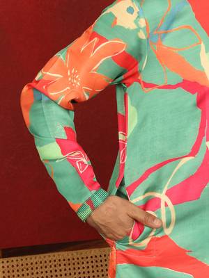 Cotton silk floral printed anchor neck work multicolor kurta set with white silk trouser 5