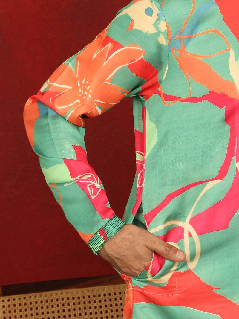 Cotton silk floral printed anchor neck work multicolor kurta set with white silk trouser