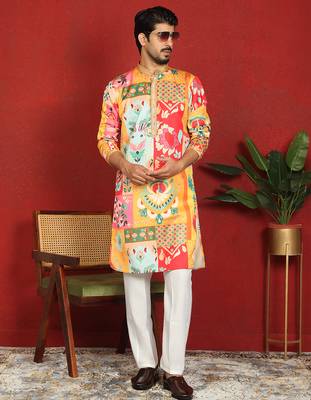 Cotton silk floral printed anchor neck work mustard kurta set with white silk trouser 1