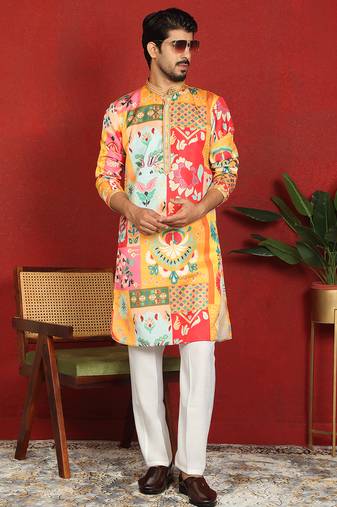 Cotton silk floral printed anchor neck work mustard kurta set with white silk trouser
