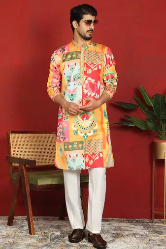 Cotton silk floral printed anchor neck work mustard kurta set with white silk trouser