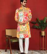 Cotton silk floral printed anchor neck work mustard kurta set with white silk trouser