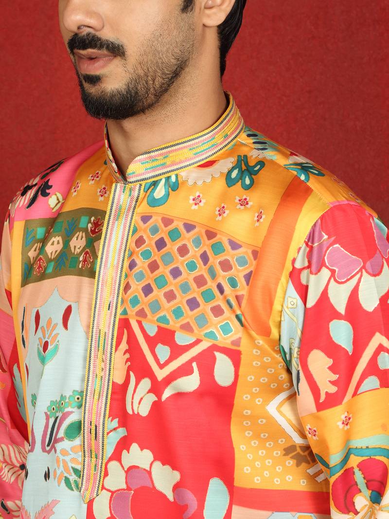 Cotton silk floral printed anchor neck work mustard kurta set with white silk trouser