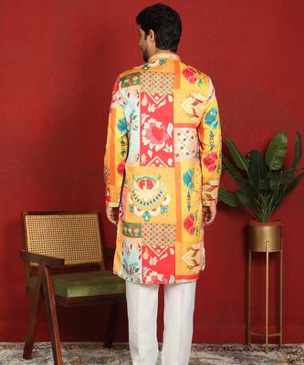 Cotton silk floral printed anchor neck work mustard kurta set with white silk trouser 3