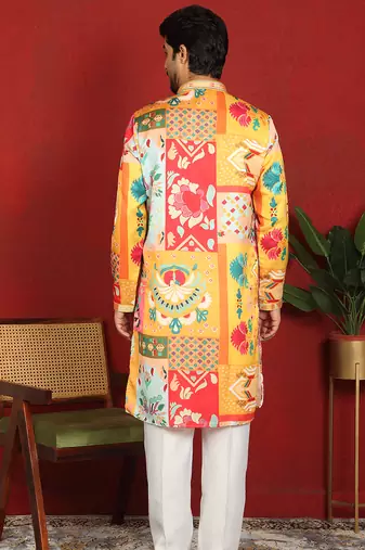 Cotton silk floral printed anchor neck work mustard kurta set with white silk trouser