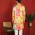 Cotton silk floral printed anchor neck work mustard kurta set with white silk trouser