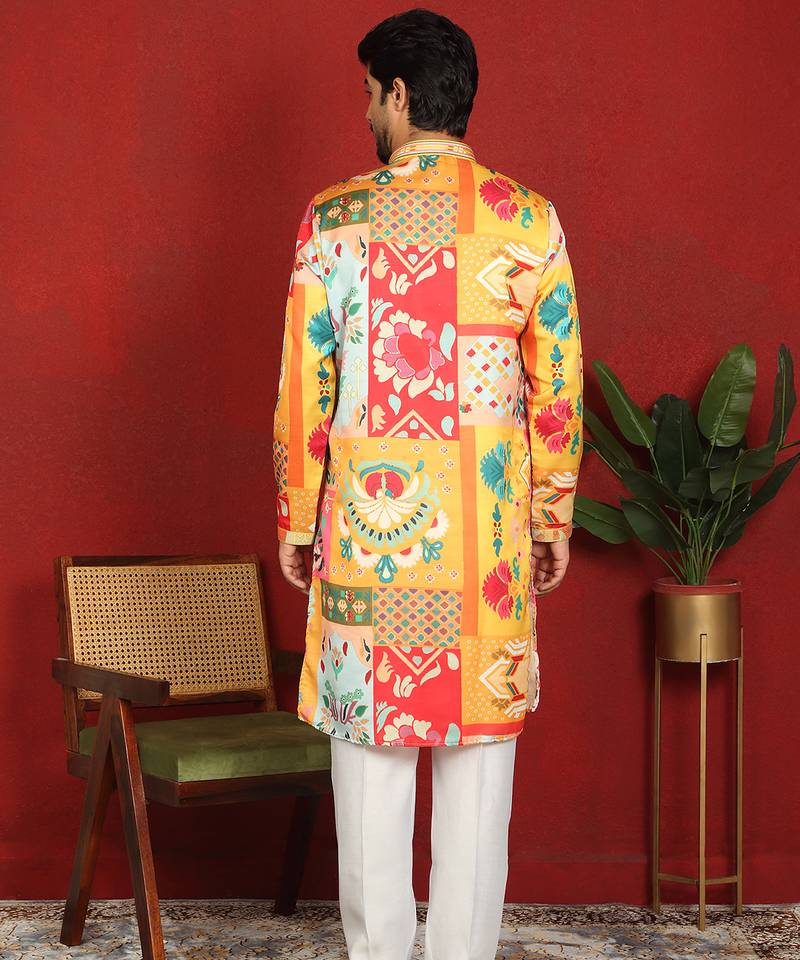 Cotton silk floral printed anchor neck work mustard kurta set with white silk trouser