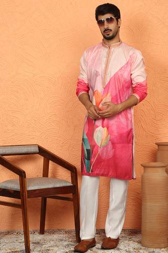 Cotton silk floral printed anchor neck work pink kurta set with white silk trouser