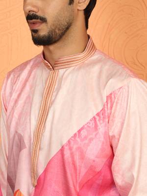 Cotton silk floral printed anchor neck work pink kurta set with white silk trouser 2
