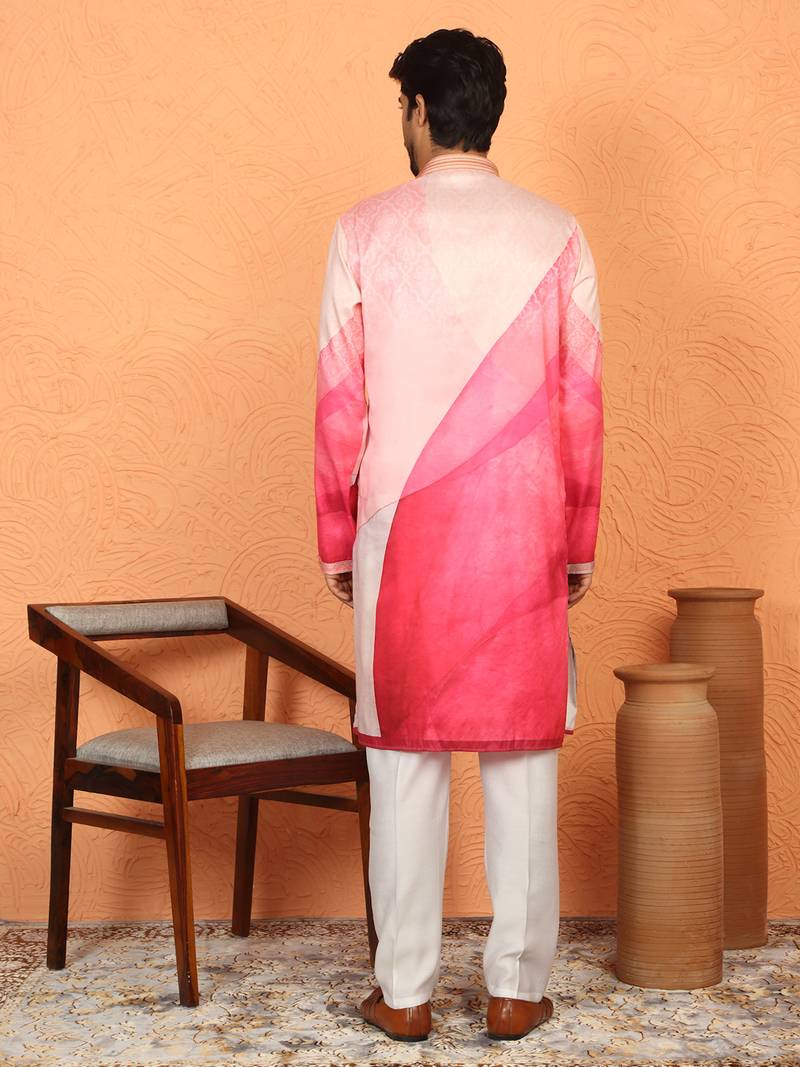 Cotton silk floral printed anchor neck work pink kurta set with white silk trouser