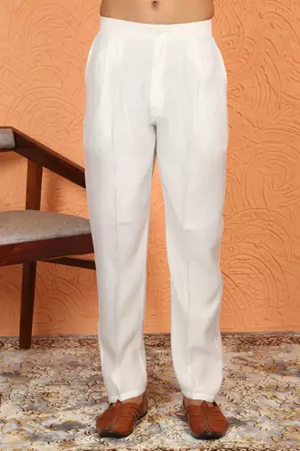 Cotton silk floral printed anchor neck work pink kurta set with white silk trouser