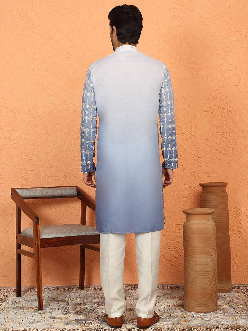 Cotton silk ombre embroidered blue kurta set with cream silk trouser