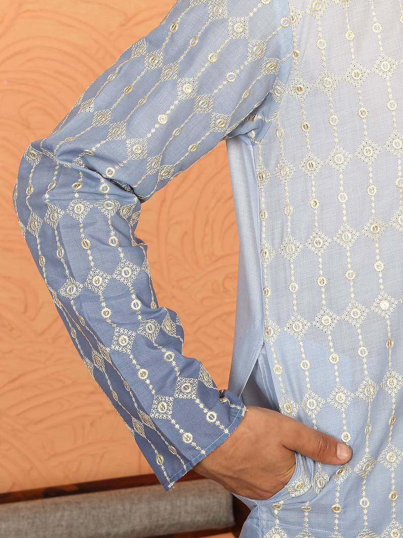 Cotton silk ombre embroidered blue kurta set with cream silk trouser