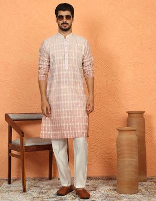 Cotton silk ombre embroidered pink kurta set with cream silk trouser 1