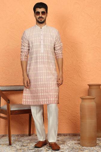 Cotton silk ombre embroidered pink kurta set with cream silk trouser