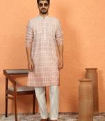 Cotton silk ombre embroidered pink kurta set with cream silk trouser