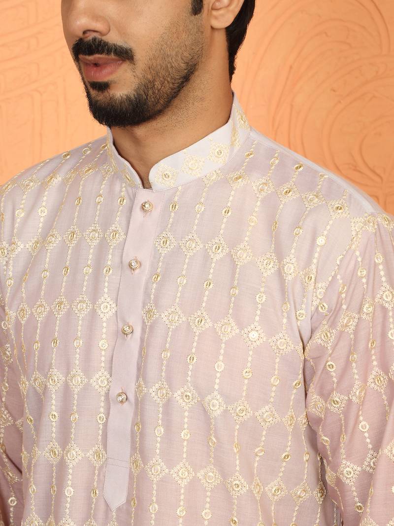 Cotton silk ombre embroidered pink kurta set with cream silk trouser