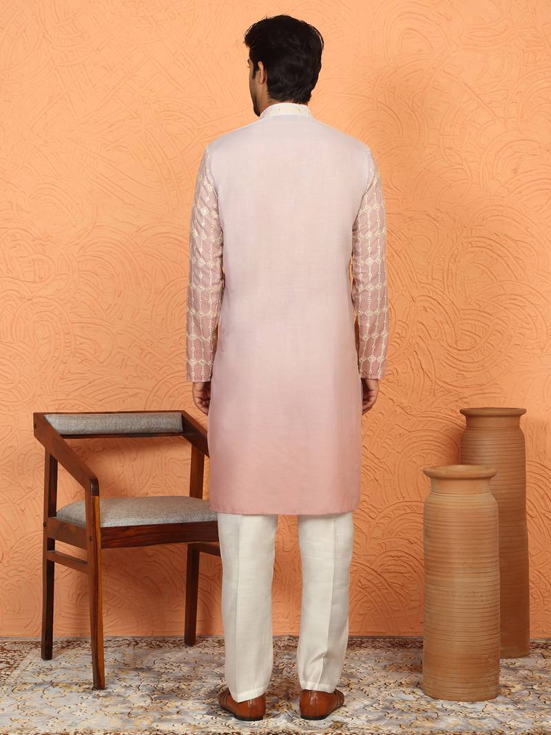 Cotton silk ombre embroidered pink kurta set with cream silk trouser