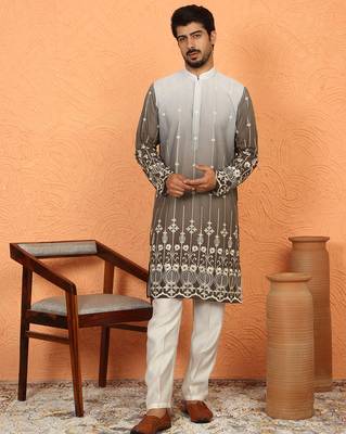 Cotton silk ombre embroidered daman work brown kurta with cream silk trouser 1