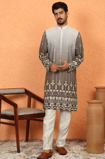 Cotton silk ombre embroidered daman work brown kurta with cream silk trouser