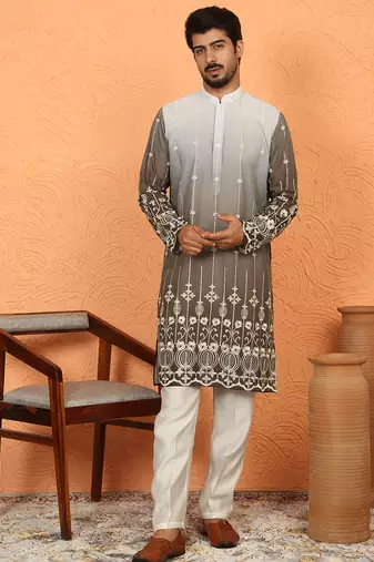 Cotton silk ombre embroidered daman work brown kurta with cream silk trouser