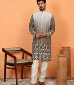 Cotton silk ombre embroidered daman work brown kurta with cream silk trouser