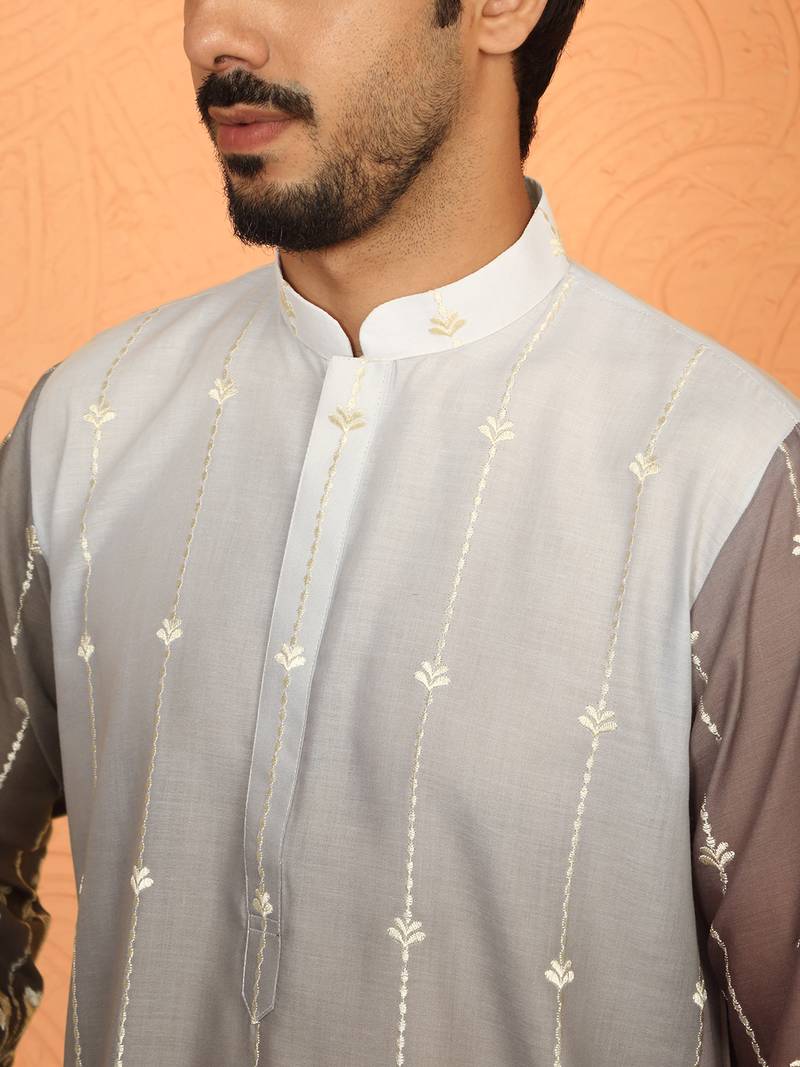 Cotton silk ombre embroidered daman work brown kurta with cream silk trouser