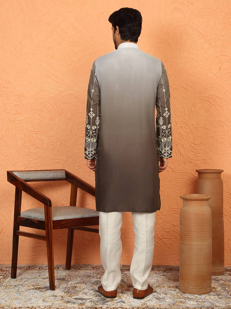 Cotton silk ombre embroidered daman work brown kurta with cream silk trouser
