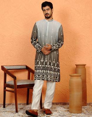 Cotton silk ombre embroidered daman work green kurta with cream silk trouser 1