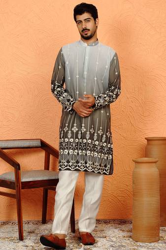 Cotton silk ombre embroidered daman work green kurta with cream silk trouser