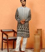 Cotton silk ombre embroidered daman work green kurta with cream silk trouser