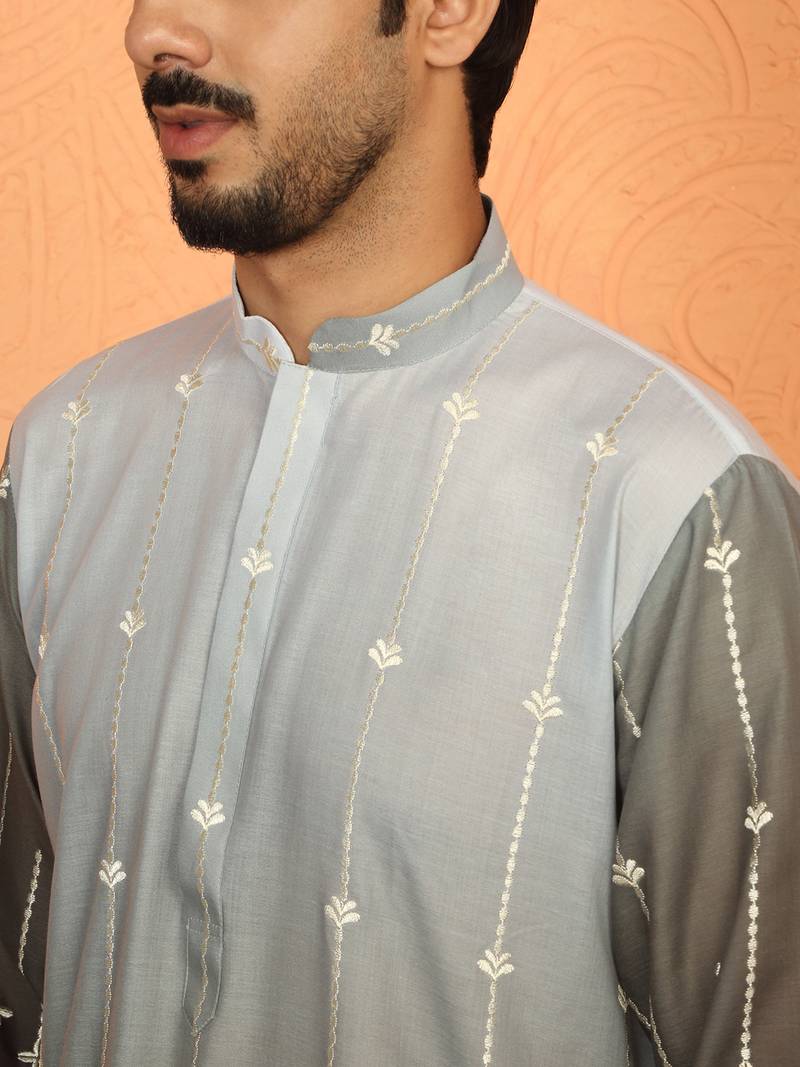 Cotton silk ombre embroidered daman work green kurta with cream silk trouser