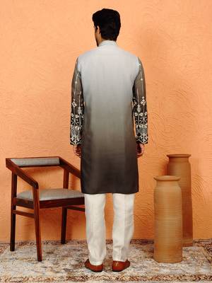 Cotton silk ombre embroidered daman work green kurta with cream silk trouser 3