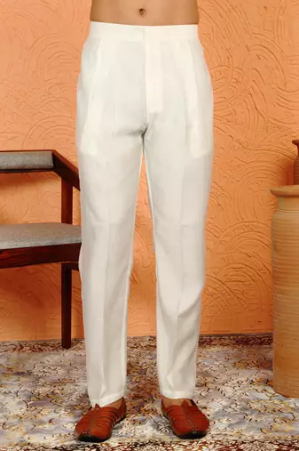 Cotton silk ombre embroidered daman work green kurta with cream silk trouser