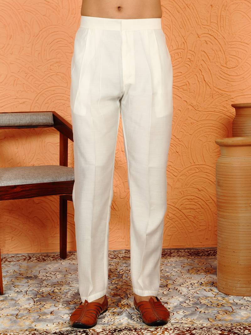 Cotton silk ombre embroidered daman work green kurta with cream silk trouser