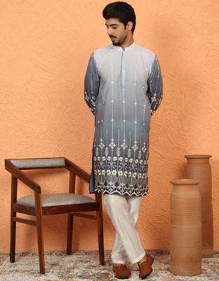 Cotton silk ombre embroidered daman work grey kurta with cream silk trouser 1