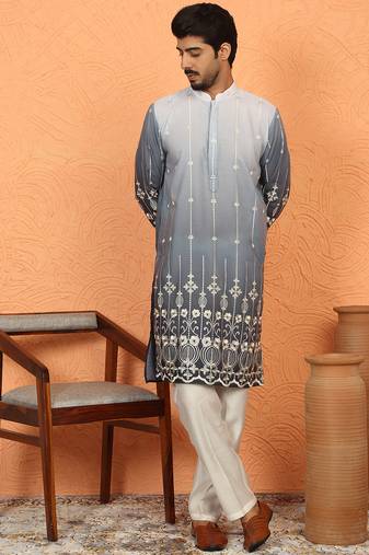 Cotton silk ombre embroidered daman work grey kurta with cream silk trouser