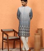 Cotton silk ombre embroidered daman work grey kurta with cream silk trouser