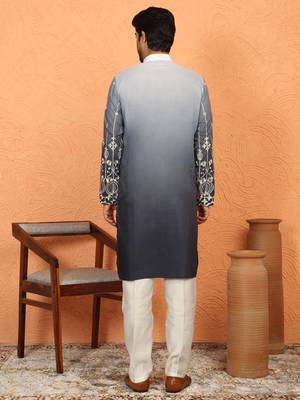 Cotton silk ombre embroidered daman work grey kurta with cream silk trouser 3