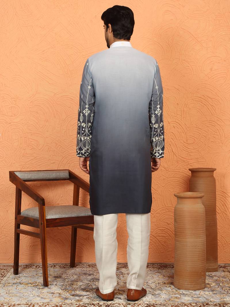 Cotton silk ombre embroidered daman work grey kurta with cream silk trouser