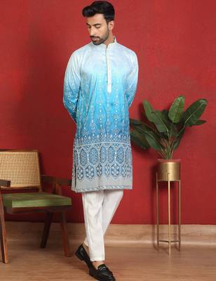 Cotton silk floral embroidered blue kurta with trouser 1
