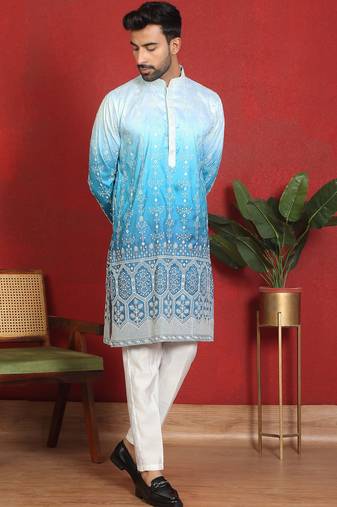 Cotton silk floral embroidered blue kurta with trouser