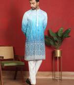 Cotton silk floral embroidered blue kurta with trouser