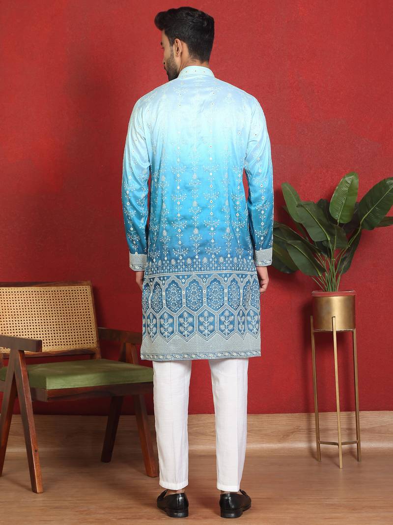 Cotton silk floral embroidered blue kurta with trouser