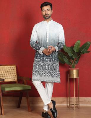 Cotton silk floral embroidered grey kurta with trouser 1