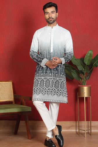 Cotton silk floral embroidered grey kurta with trouser
