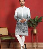 Cotton silk floral embroidered grey kurta with trouser