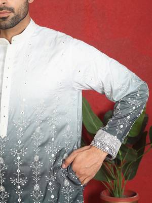 Cotton silk floral embroidered grey kurta with trouser 5