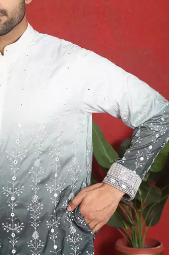 Cotton silk floral embroidered grey kurta with trouser